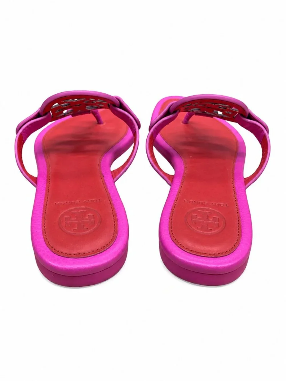 Tory Burch Miller Pink Magenta Leather Flat Thong Sandals Cutout Logo Size 5.5